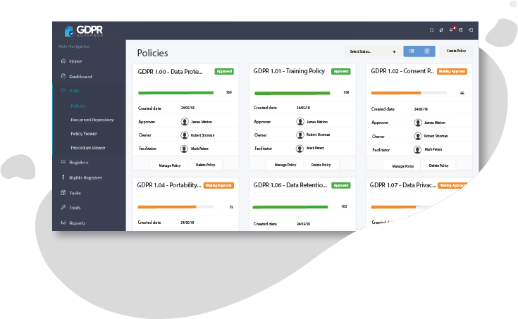 image of GDPR Governor compliance sofware policies dashboard